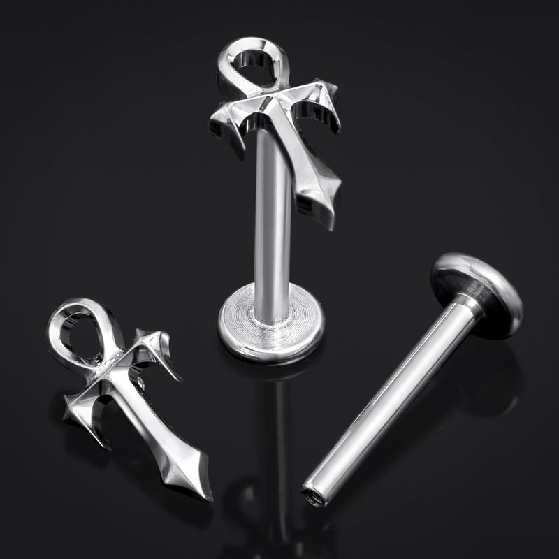 Argent, ankh à pointes, filetage interne, tige labret, titane ASTM F136, 1.2mm