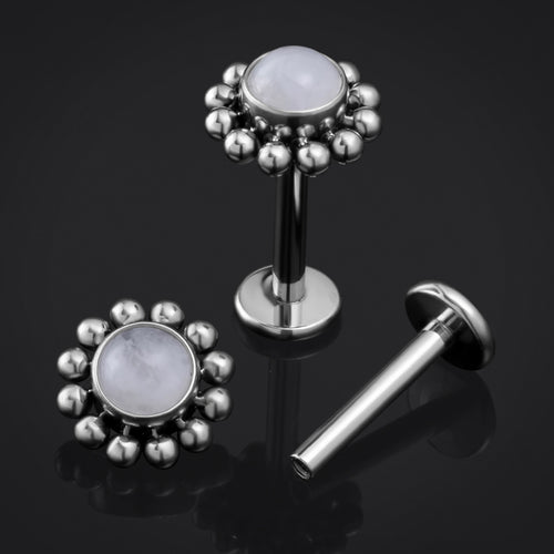 Silver, Opalite Stone, Beaded Cluster, Internally Threaded, Labret Stud, Titanium