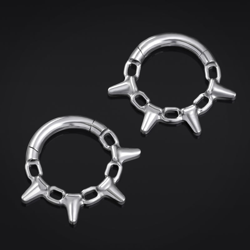 Anneau de septum à clic, argenté, chaîne à pointes, titane