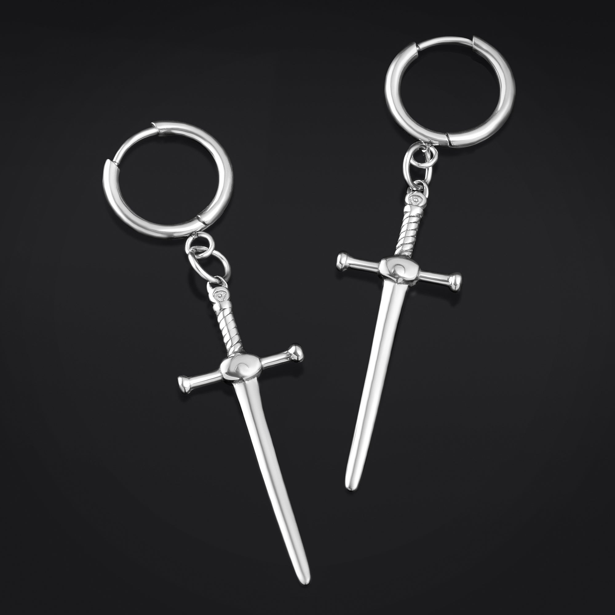 Hoop Earrings, Silver, Sword, Stainless Steel - Pair
