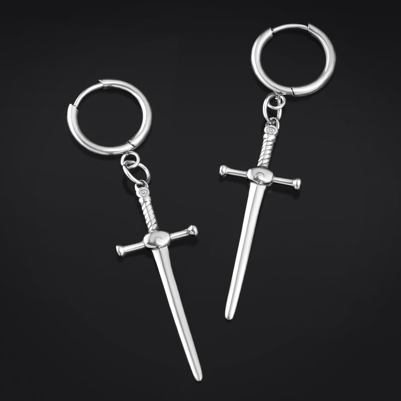 Boucles d’oreilles créoles, argentées, épée, acier inoxydable - paire