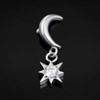 Embout labret pendant, argenté, étoile et lune, filetage interne, titane