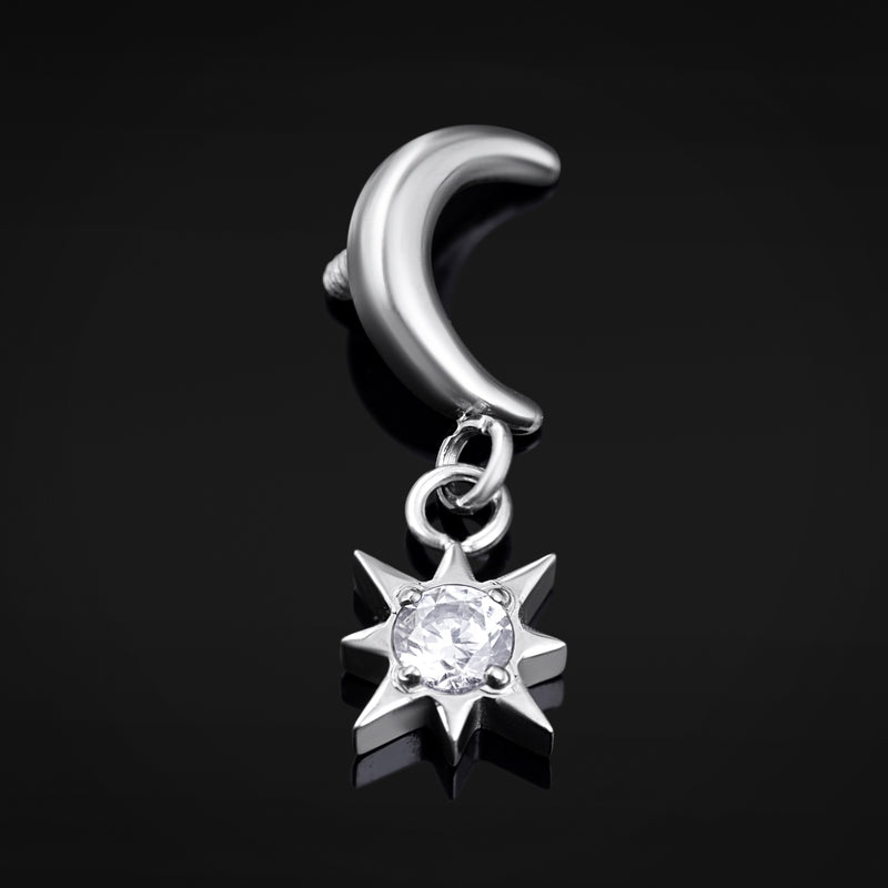 Embout labret pendant, argenté, étoile et lune, filetage interne, titane