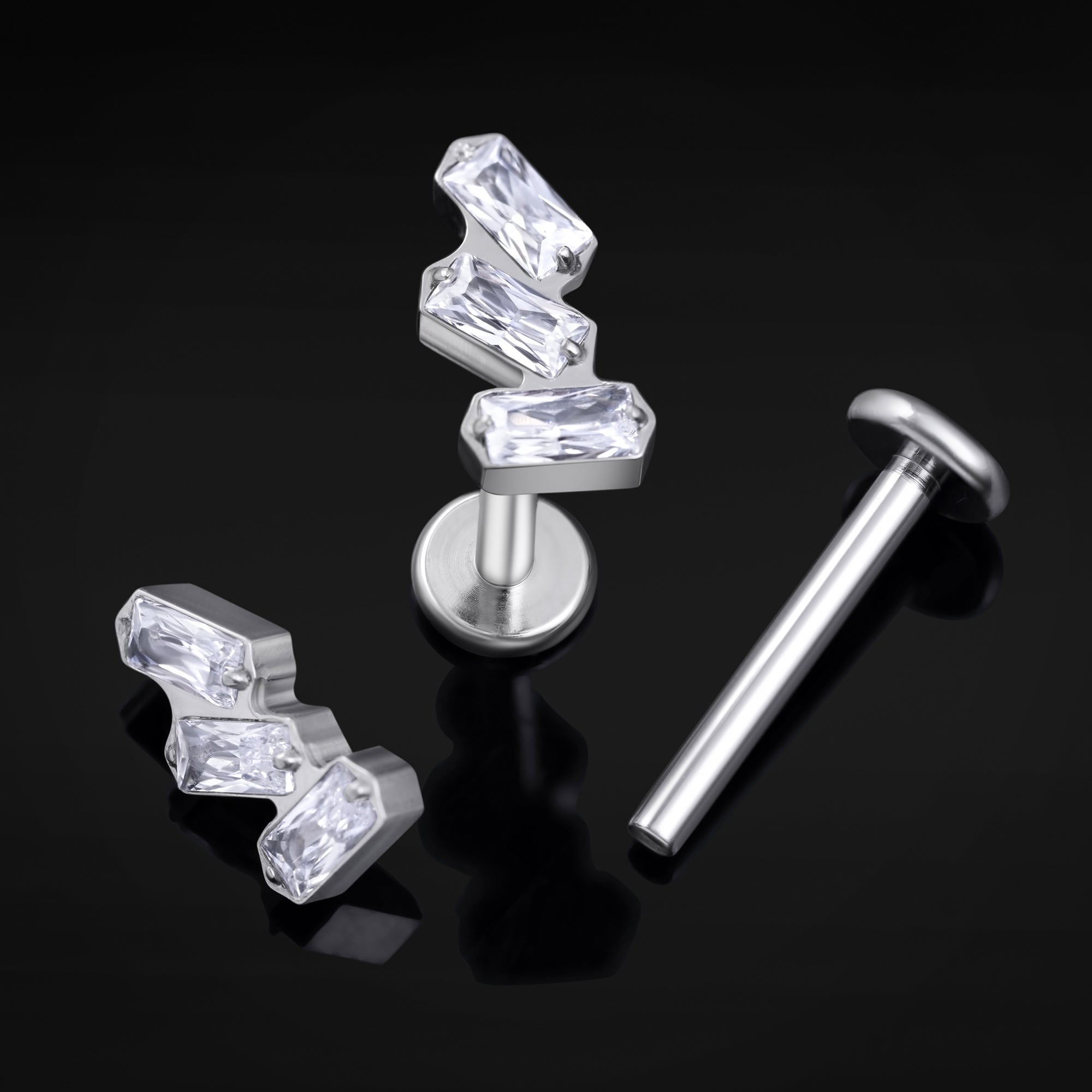 Labret Stud, Silver, Triple Jewel, Internal Thread, Titanium, 1.2mm