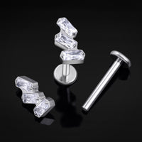 Labret, argent, triple pierre, filetage interne, titane, 1,2 mm