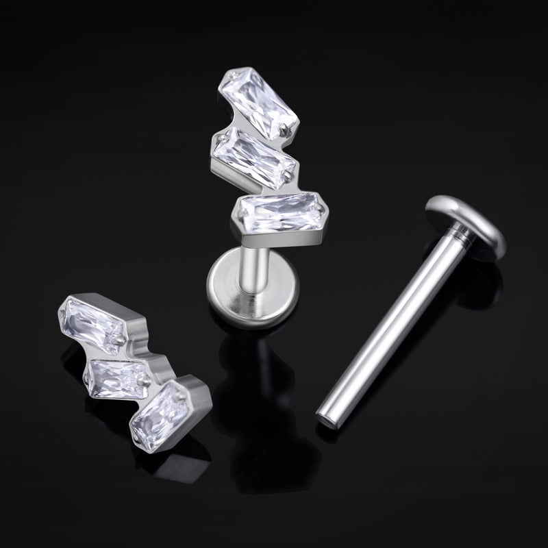 Labret, argent, triple pierre, filetage interne, titane, 1,2 mm