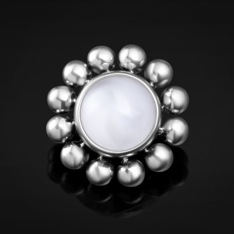 Embout de labret, argent, pierre d’opalite, grappe de perles, filetage interne, titane