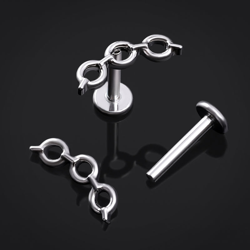 Piercing labret, argent, embout chaîne, filetage interne, titane, 1,2 mm