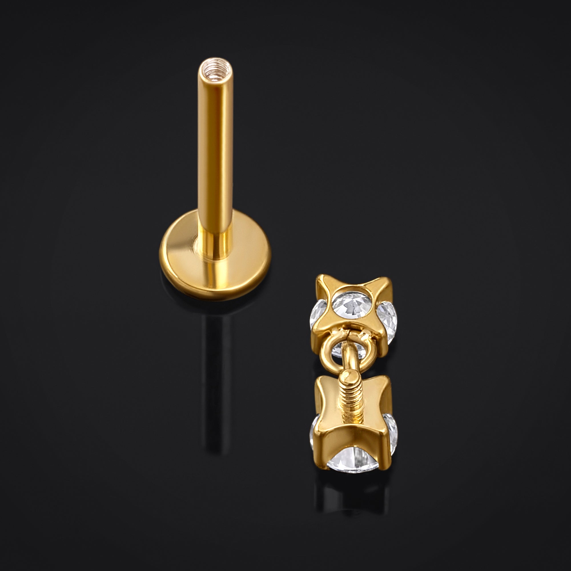 Labret Stud, Gold, Double CZ Stone Dangle, Internally Threaded, Titanium