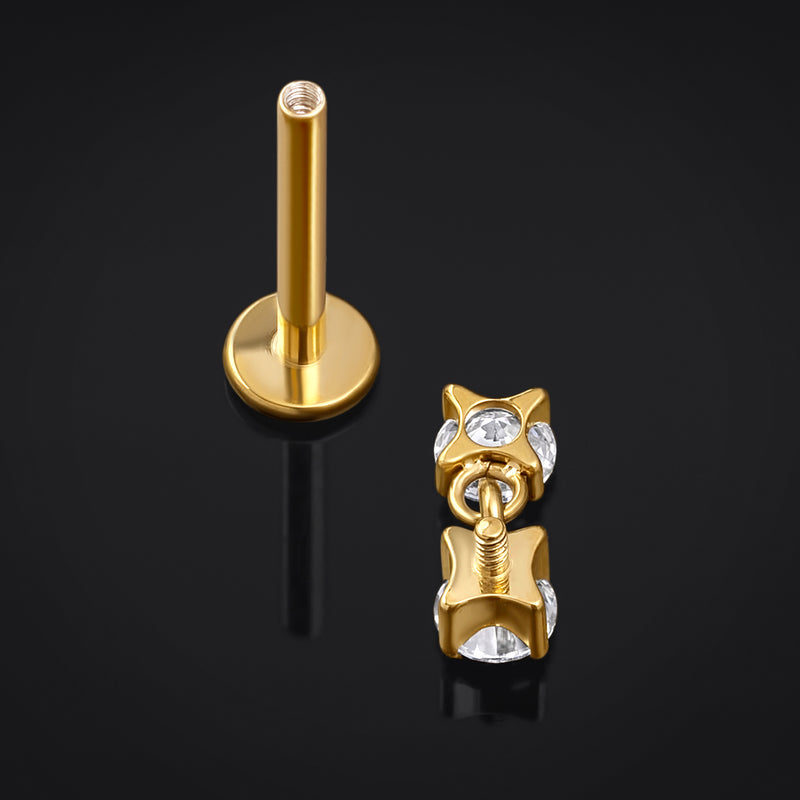 Clou de labret, or, pendentif à double pierres en oxyde de zirconium, à filetage interne, titane