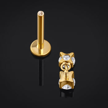 Gold Double CZ Stone Dangle Internally Threaded Titanium Labret Stud 1.2mm Gauge