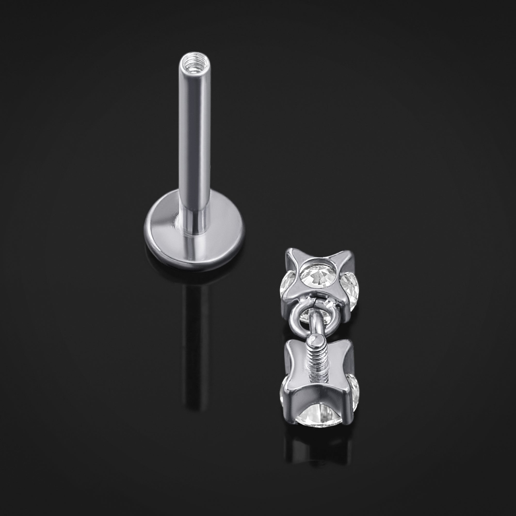 Labret Stud, Silver, Double CZ Stone Dangle, Internally Threaded, Titanium