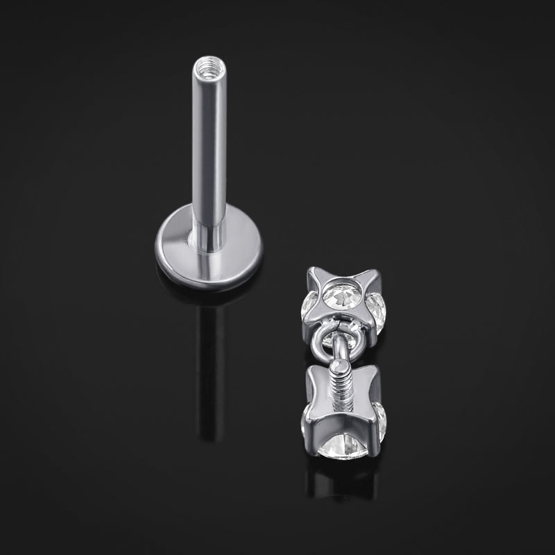 Piercing labret, argent, double pendentif en pierre CZ, filetage interne, titane