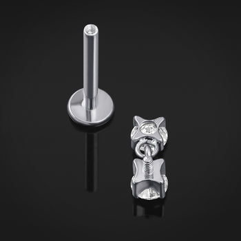 Silver Double CZ Stone Dangle Internally Threaded Titanium Labret Stud 1.2mm Gauge