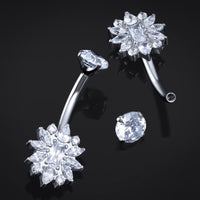 Piercing de nombril, fleur argentée sertie de strass, filetage interne, titane