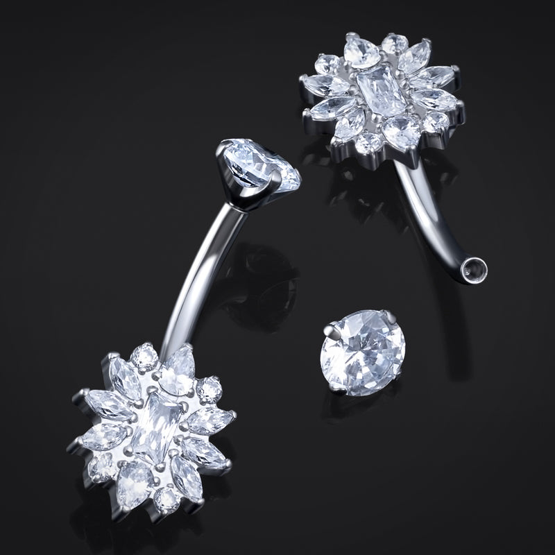 Piercing de nombril, fleur argentée sertie de strass, filetage interne, titane