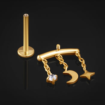 Labret Stud, Gold, Jewel, Moon and Star, Internally Threaded, Titanium, 1.2mm Gauge