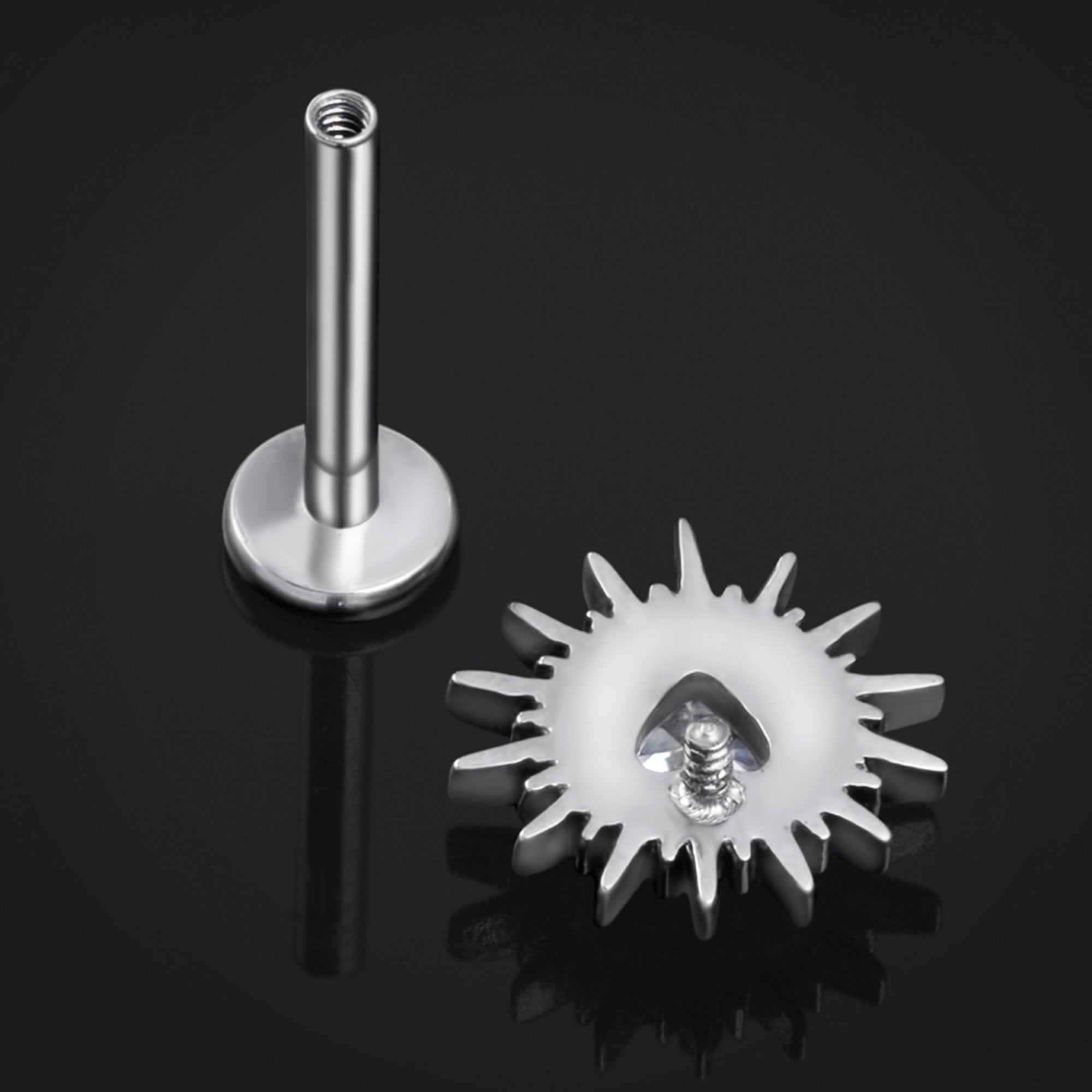 Silver Spiked Heart Clear Jewelled Internally Threaded Titanium Labret Stud 1.2mm Gauge