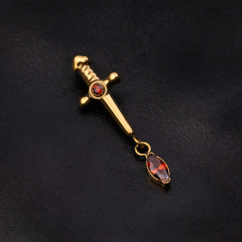 Helix Stud, Gold, Sword Dangle with Red Jewel, Internally Threaded, Titanium