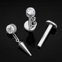Labret pendant, argenté, pointe avec pierre transparente, filetage interne, titane