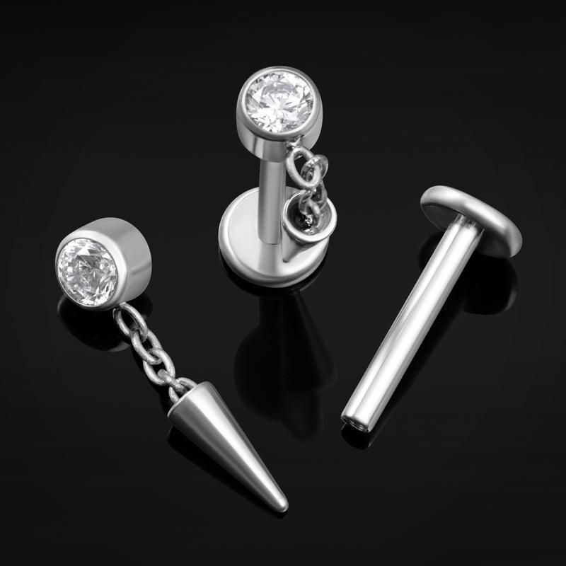 Labret pendant, argenté, pointe avec pierre transparente, filetage interne, titane