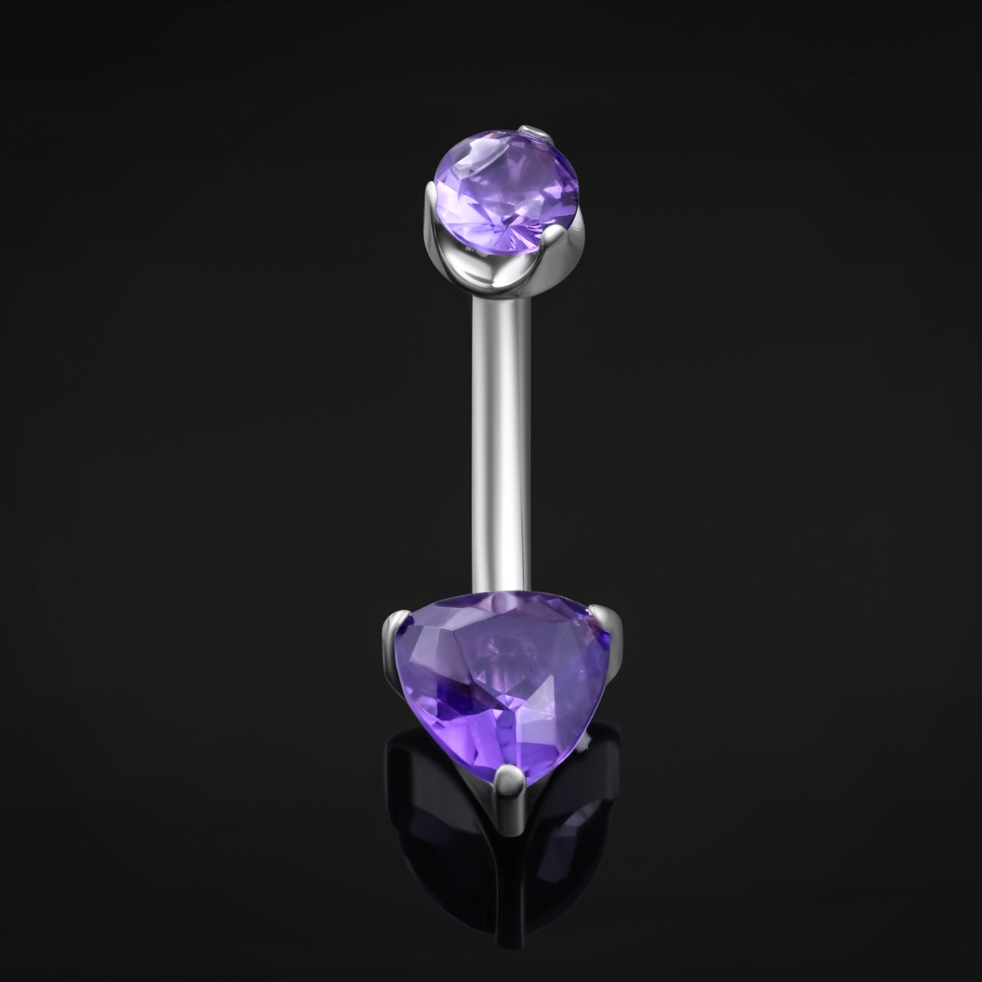 Belly Bar, Silver, Double Amethyst Stone, Internal Thread, Titanium, 1.6mm Gauge