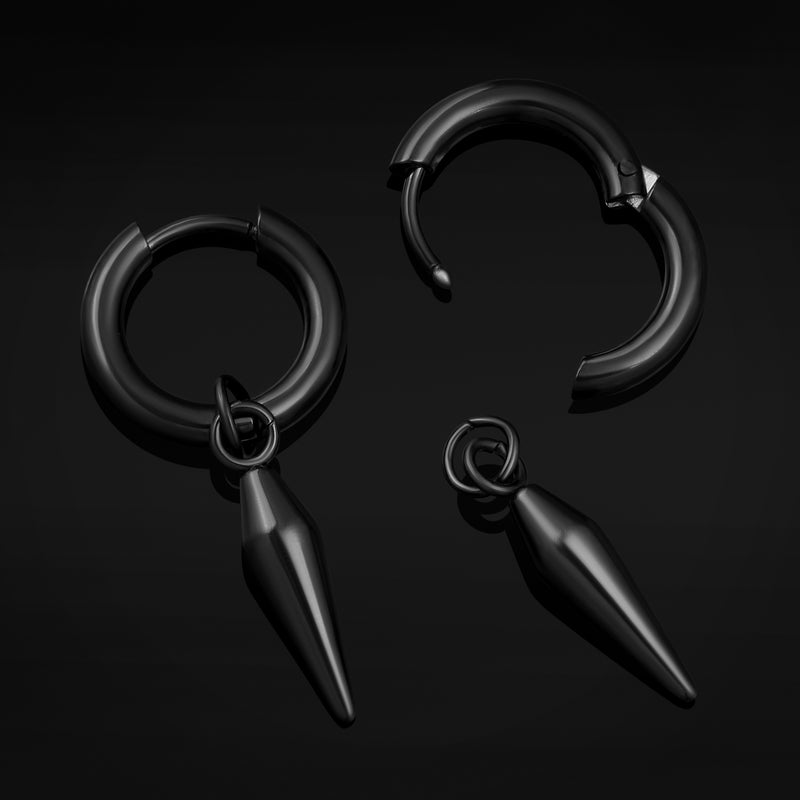 Boucles d’oreilles créoles Huggie, noires, pendentif pointe, acier inoxydable - paire