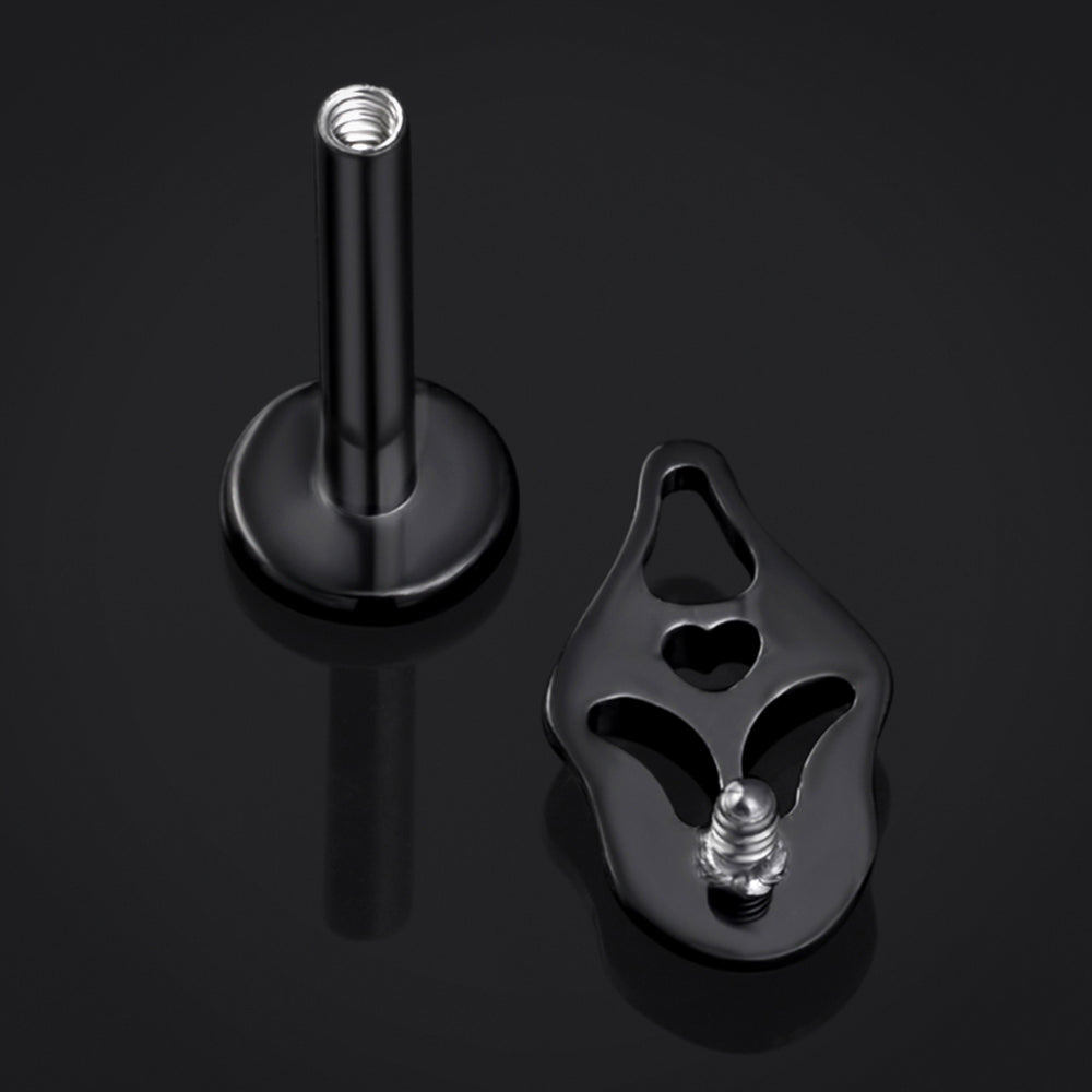 Black Ghost Face Internally Threaded Titanium Labret Stud 1.2mm Gauge - Gothic Jewellery / Halloween Collection - 6mm / 8mm / Internally Threaded Body Jewellery / Hypoallergenic Jewellery / Lip / Nose / Ear Labret