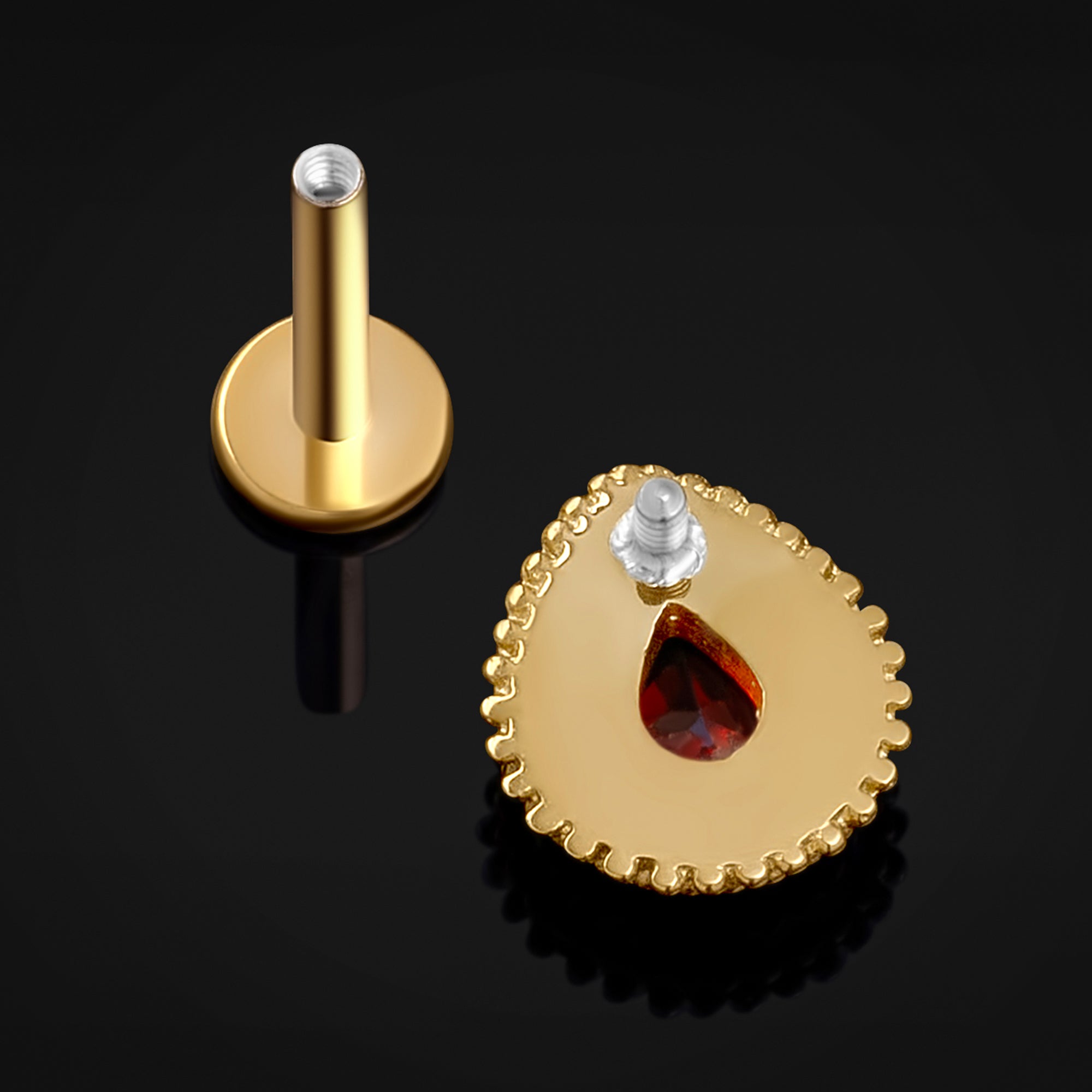 Labret Stud, Gold, Teardrop with Red Garnet Jewel, Internally Threaded, Titanium, 1.2mm Gauge