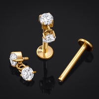 Clou de labret, or, pendentif à double pierres en oxyde de zirconium, à filetage interne, titane