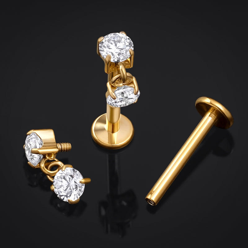 Clou de labret, or, pendentif à double pierres en oxyde de zirconium, à filetage interne, titane