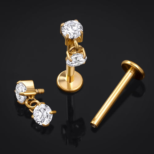 Gold Double CZ Stone Dangle Internally Threaded Titanium Labret Stud 1.2mm Gauge
