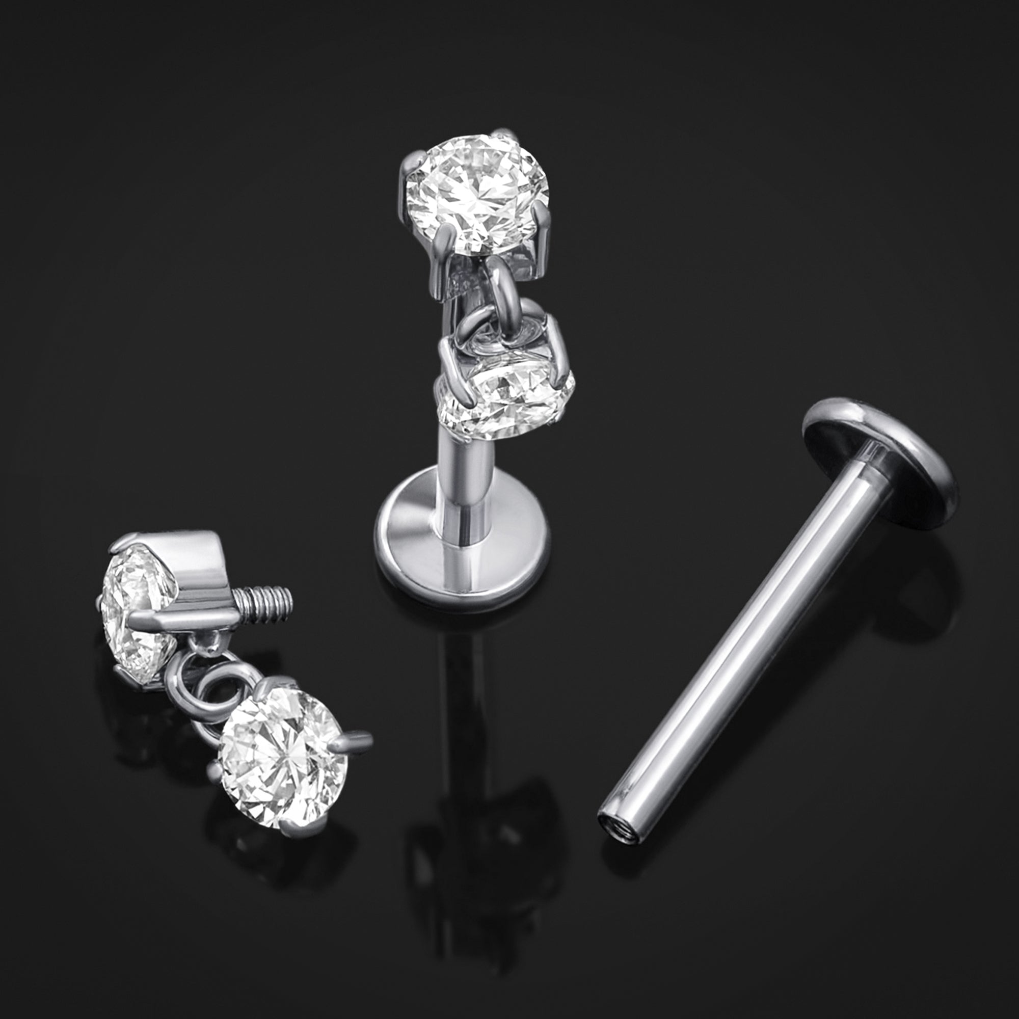 Labret Stud, Silver, Double CZ Stone Dangle, Internally Threaded, Titanium