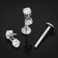Piercing labret, argent, double pendentif en pierre CZ, filetage interne, titane