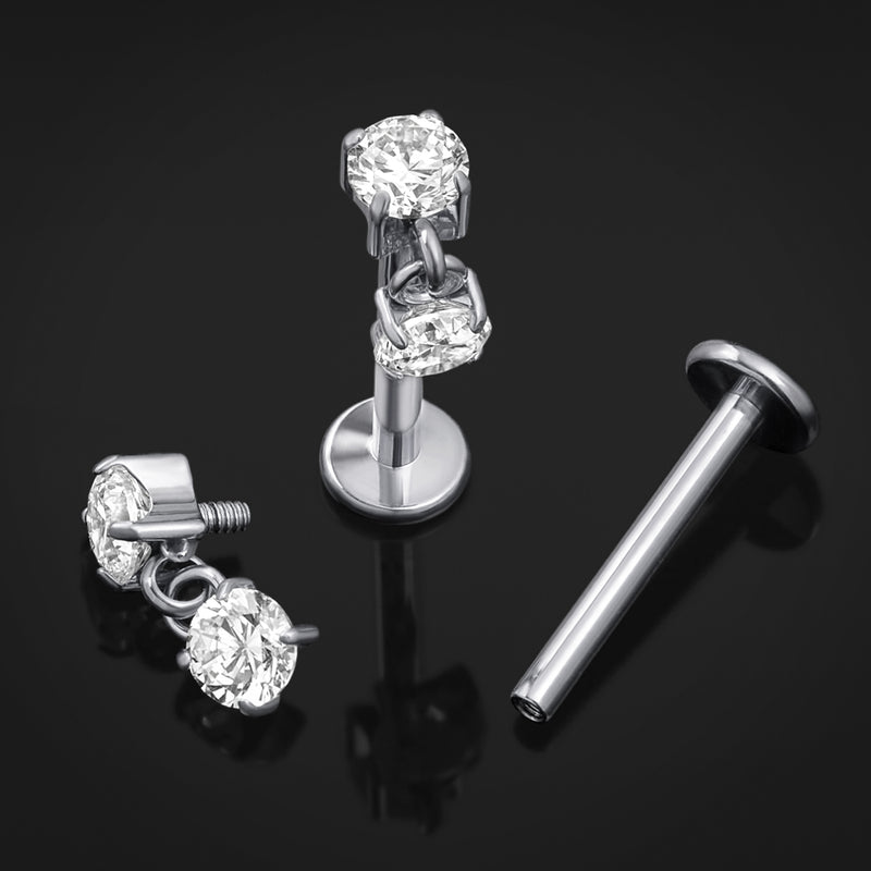 Piercing labret, argent, double pendentif en pierre CZ, filetage interne, titane
