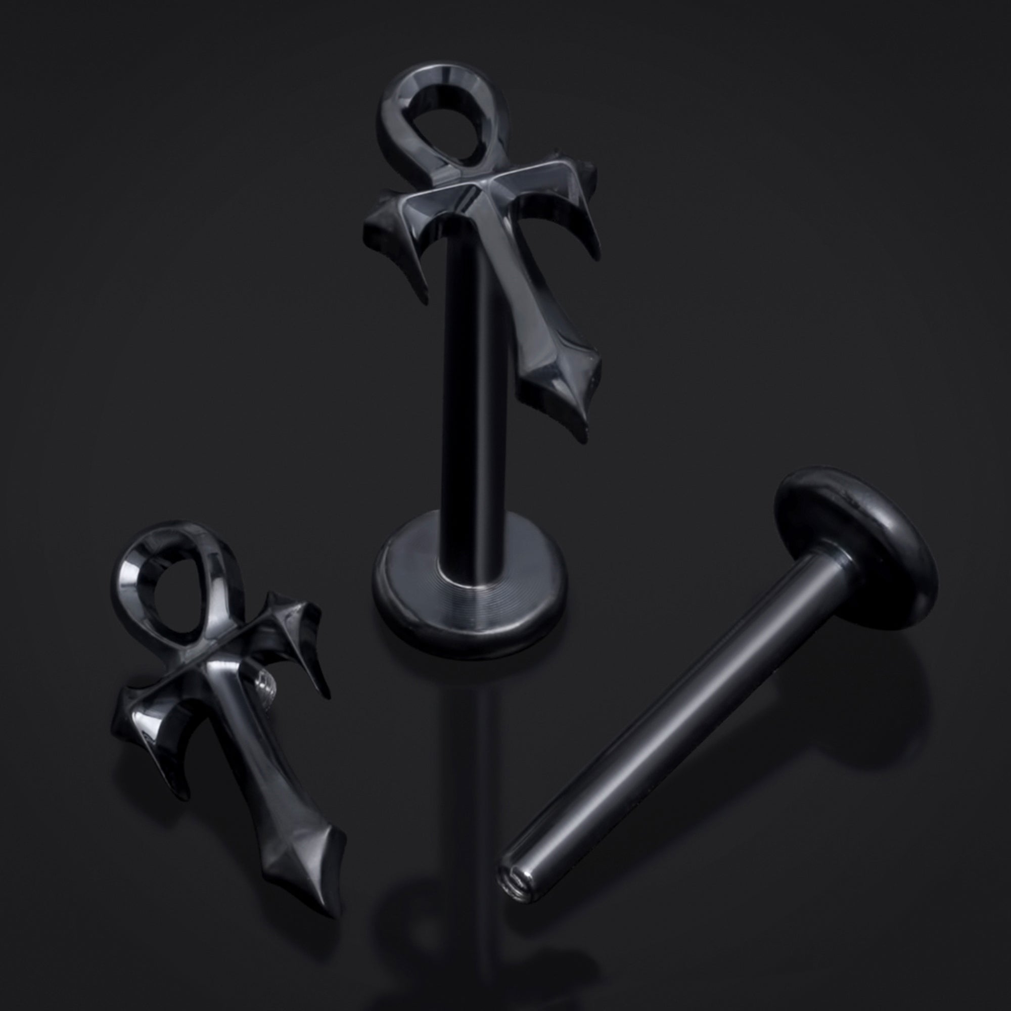 Black, Spiked Ankh, Internally Threaded, Labret Stud, ASTM F136 Titanium, 1.2mm