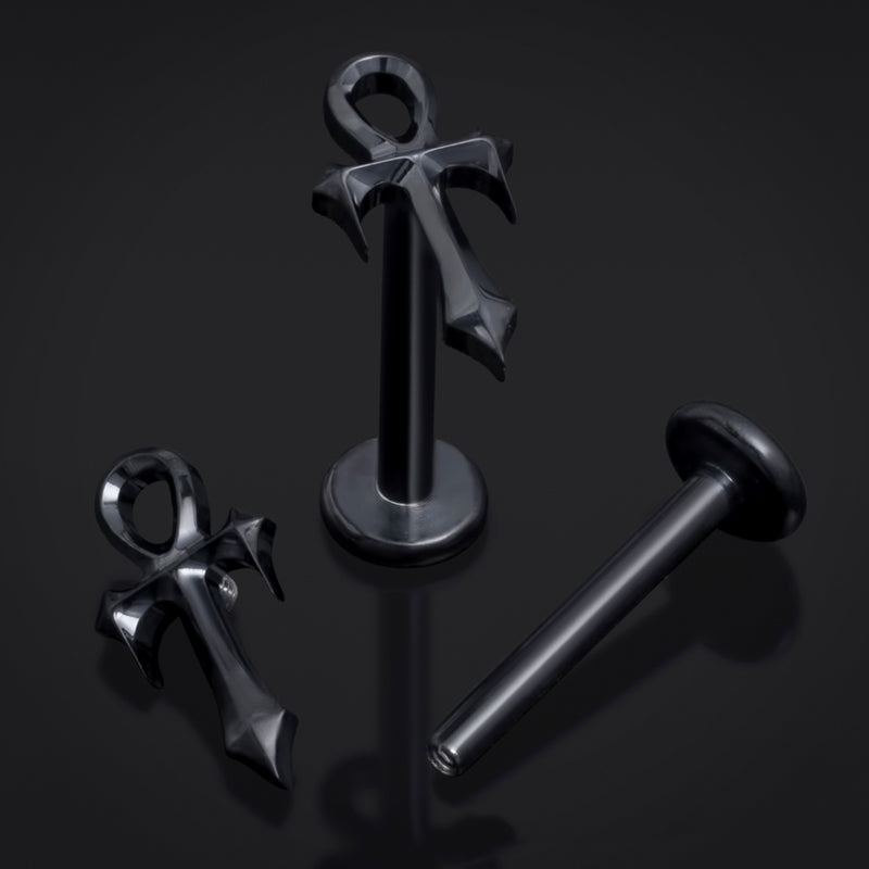 Noir, Ankh à pointe, Filetage interne, Tige labret, Titane ASTM F136, 1.2mm