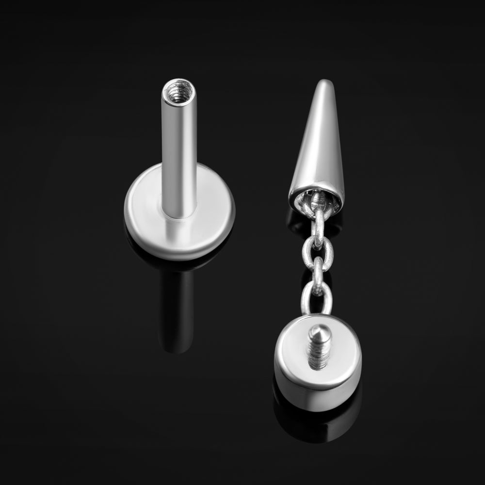 Titanium Internally Threaded Silver Spike Dangle Labret Stud With Clear Jewel - Internally Threaded Titanium Silver Spike Dangle Labret Piercing - 8mm/10mm Internally Threaded / Alternative Jewellery / Lip / Nose / Ear  