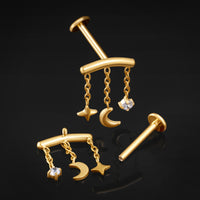 Labret, doré, bijou, lune et étoile, filetage interne, titane, calibre 1,2 mm
