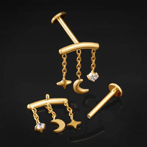 Labret Stud, Gold, Jewel, Moon and Star, Internally Threaded, Titanium, 1.2mm Gauge