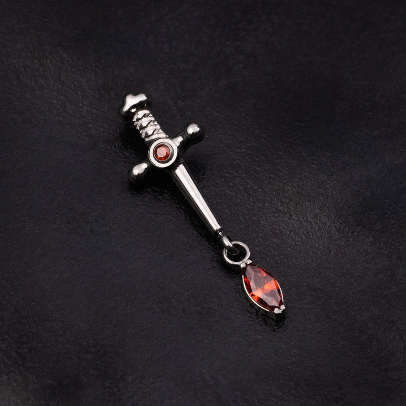 Helix Stud, Silver, Sword Dangle with Red Jewel, Internally Threaded, Titanium