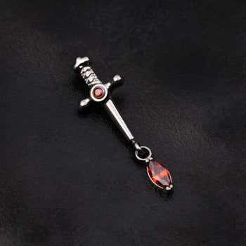 Helix Stud, Silver, Sword Dangle with Red Jewel, Internally Threaded, Titanium