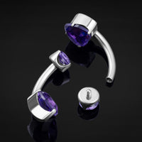 Barre banane, argent, double pierre améthyste, filetage interne, titane, calibre 1.6mm