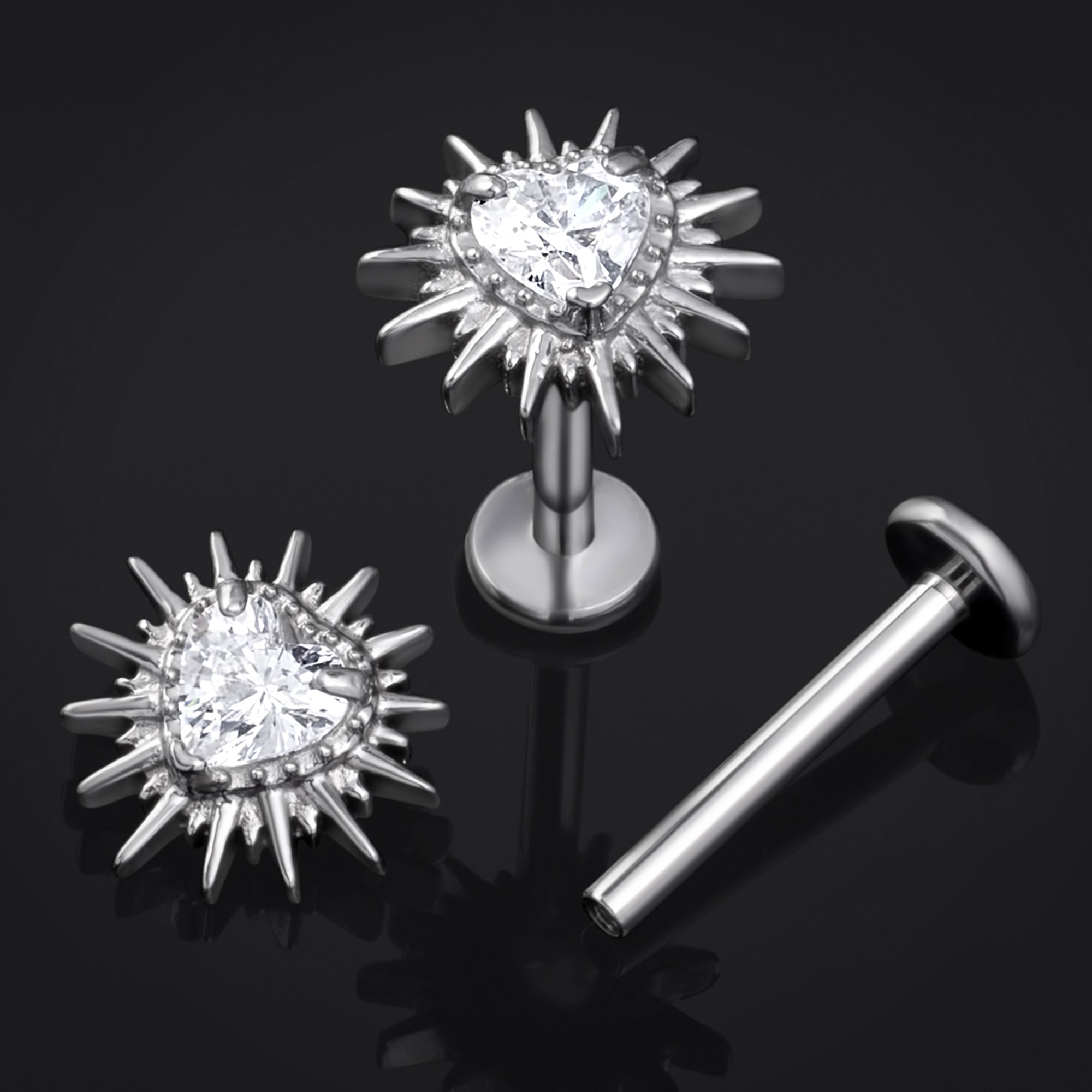 Silver Spiked Heart Clear Jewelled Internally Threaded Titanium Labret Stud 1.2mm Gauge