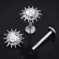 Labret en titane argenté en forme de cœur à picots, serti de strass transparents, filetage interne, calibre 1,2 mm