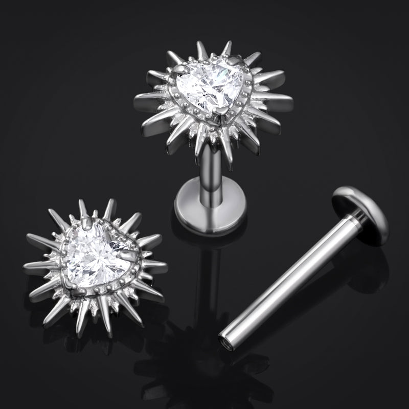 Labret en titane argenté en forme de cœur à picots, serti de strass transparents, filetage interne, calibre 1,2 mm