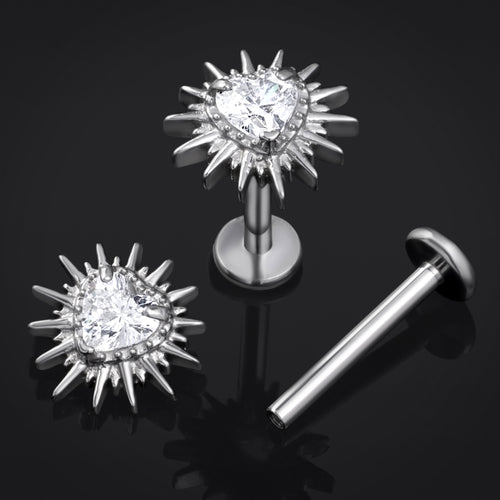 Silver Spiked Heart Clear Jewelled Internally Threaded Titanium Labret Stud 1.2mm Gauge