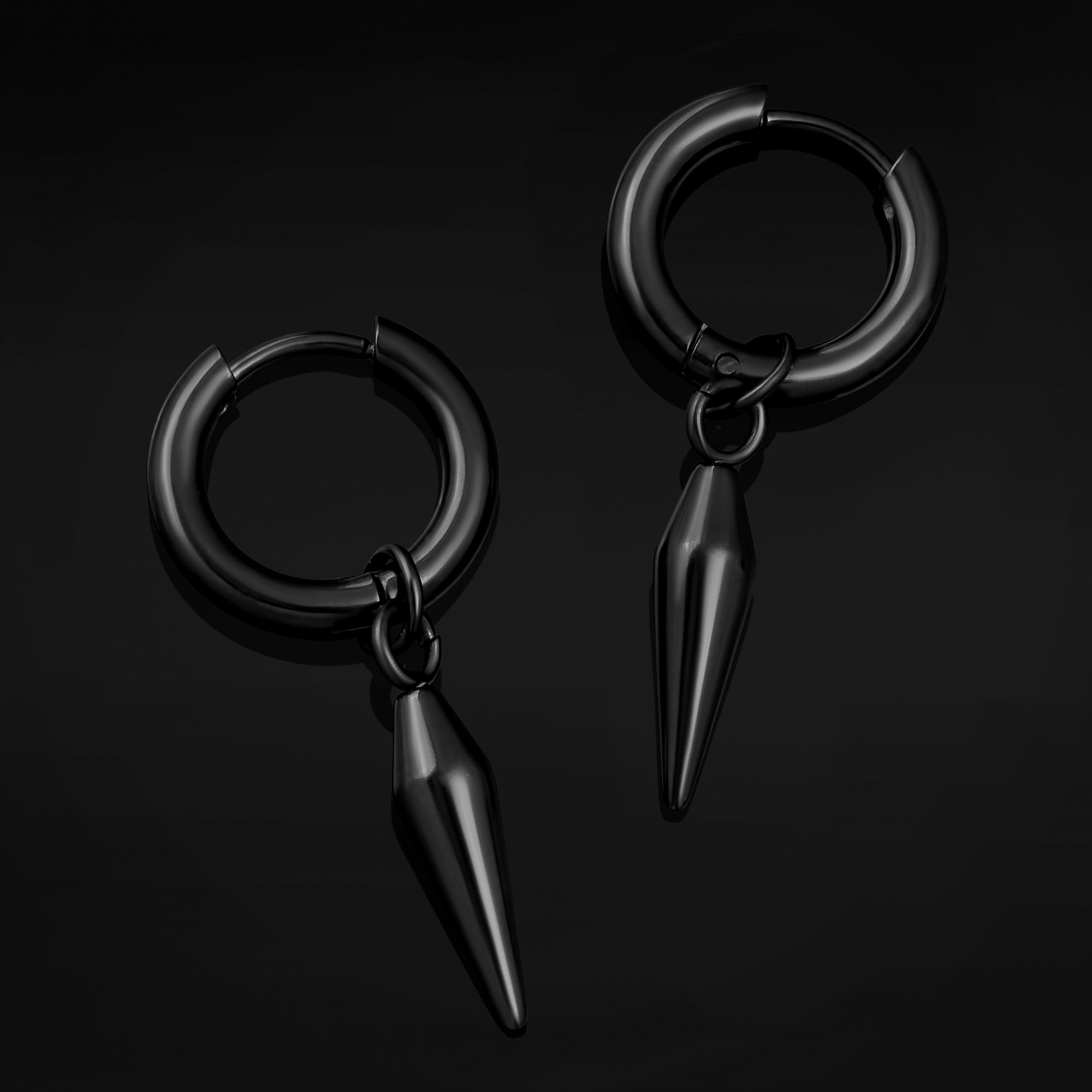Huggie Hoop Earrings, Black, Spike Dangle, Stainless Steel - Pair