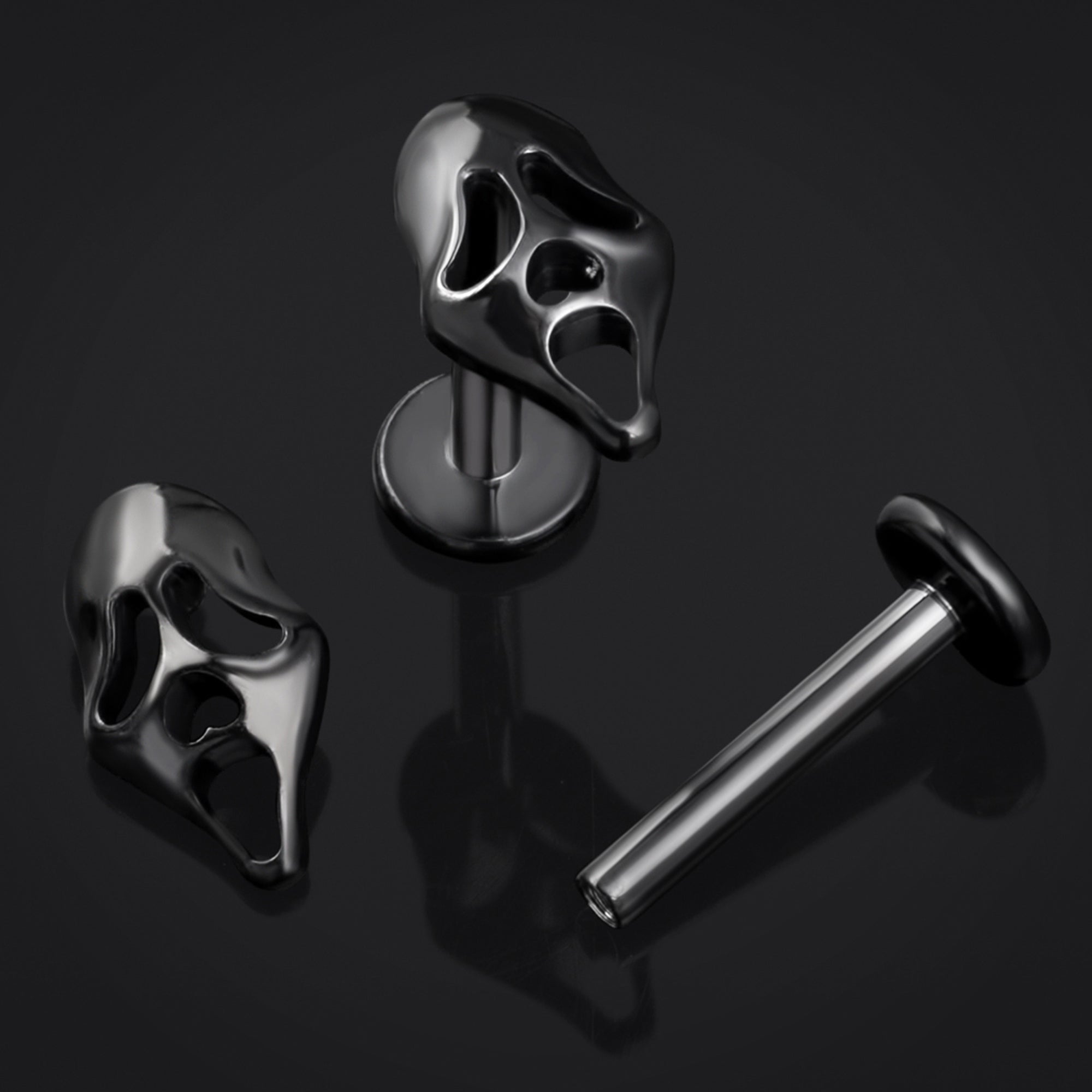 Black Ghost Face Internally Threaded Titanium Labret Stud 1.2mm Gauge