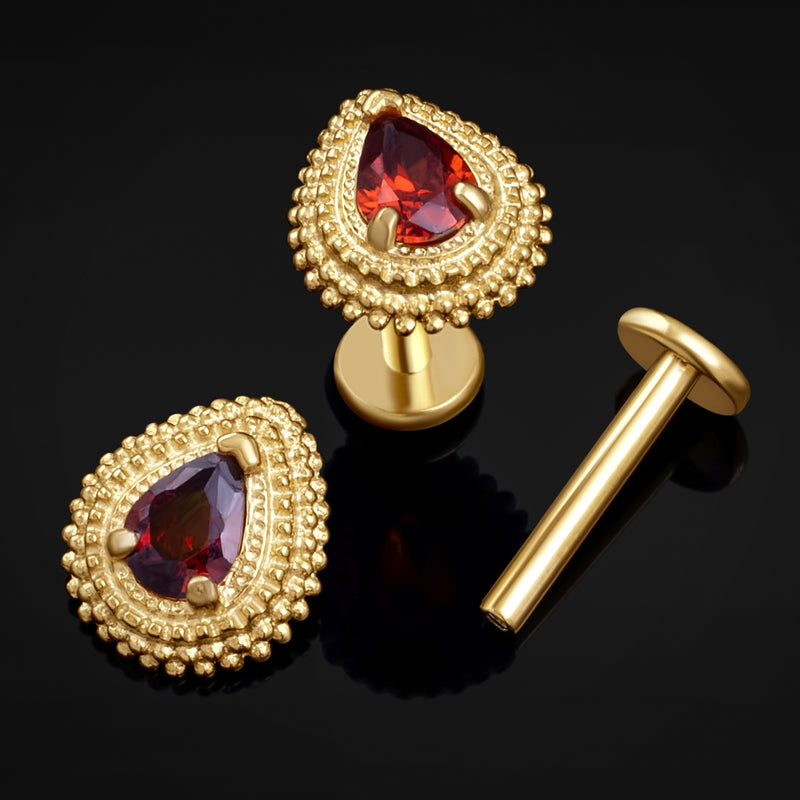 Labret à tige, or, goutte avec pierre grenat rouge, filetage interne, titane, calibre 1,2 mm